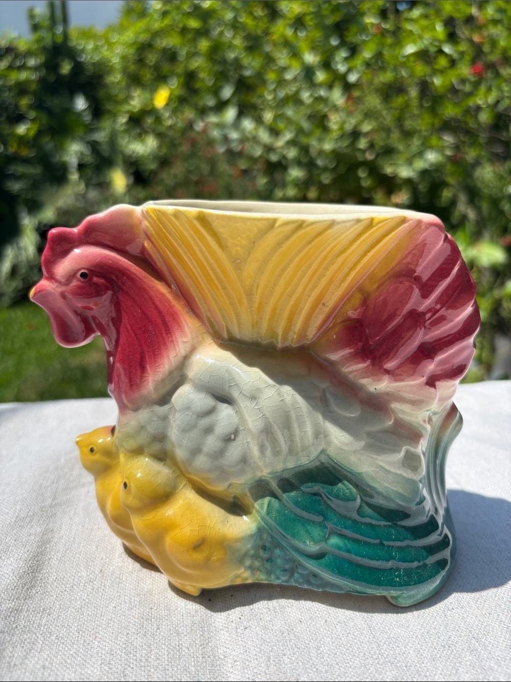 Vintage Hand-Painted Rooster Ceramic Vase in Red, Yellow & Green